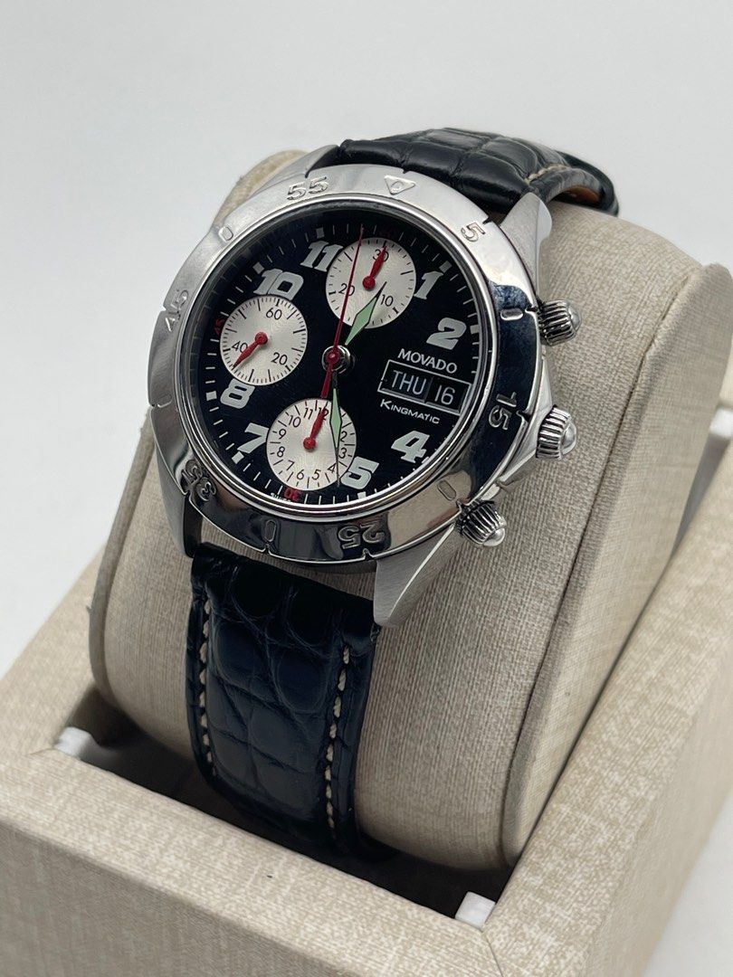 Movado Kingmatic Chronograph Black Dial Leather Strap (Category: Luxury Watches) located in Manila. Submitted by _classicwatchcollection (Listing ID 1306469659, Image 2). Description: FS: Movado Kingmatic Chronograph Black Dial Leather Strap Php: 35,000 Condition: 9/10 (Goodworking) Movement: Automatic Case size: 38mm(w/o crown) Unit only. Pm or Contact 09063027061 for inquiries..