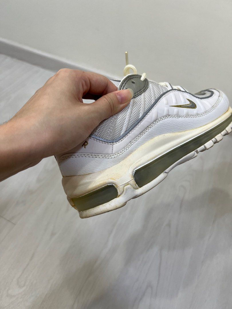Nike Air Max 98 (Category: Sneakers) located in Singapore. Submitted by friedomelette (Listing ID 1306340407, Image 5). Description: Worn twice Some yellowing on soles due to storage but otherwise in perfect condition Sad to part with it but it’s too small for me Unsure of exact colourway but might be “Blue Chill” Colour is not blue though, but a very nice combination of silver, gold and white/cream Reflective piping around shoe Size: US 6 / UK 3