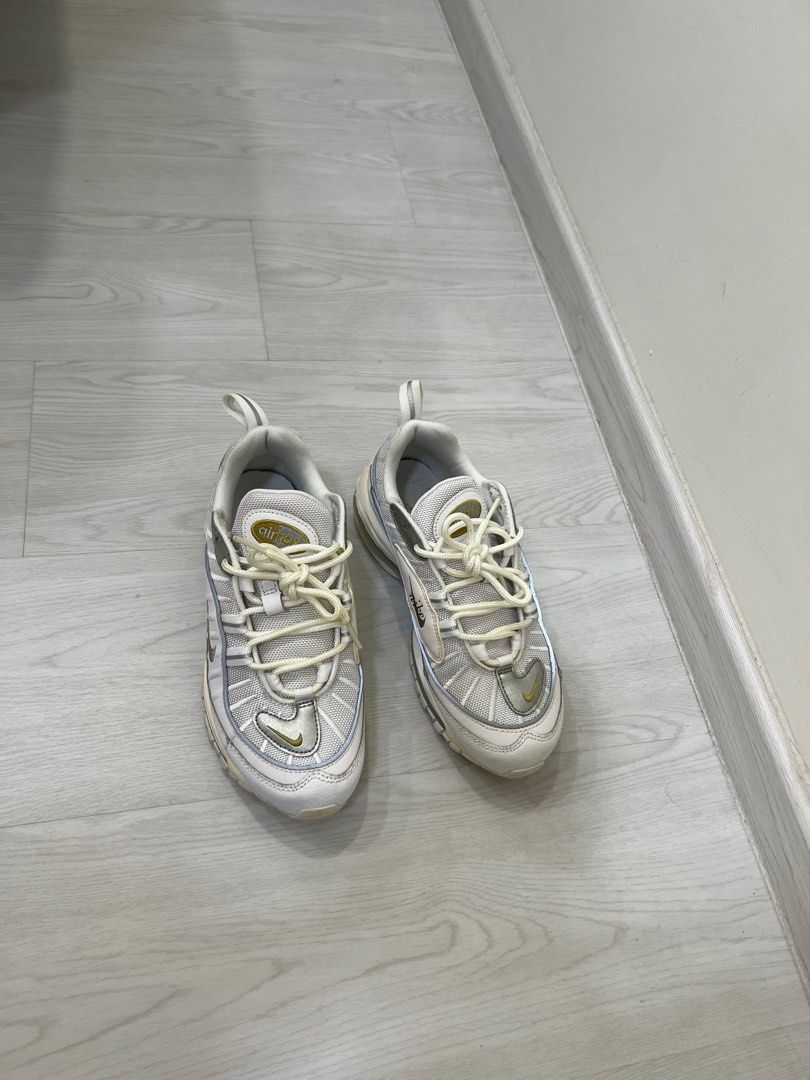 Nike Air Max 98 (Category: Sneakers) located in Singapore. Submitted by friedomelette (Listing ID 1306340407, Image 3). Description: Worn twice Some yellowing on soles due to storage but otherwise in perfect condition Sad to part with it but it’s too small for me Unsure of exact colourway but might be “Blue Chill” Colour is not blue though, but a very nice combination of silver, gold and white/cream Reflective piping around shoe Size: US 6 / UK 3