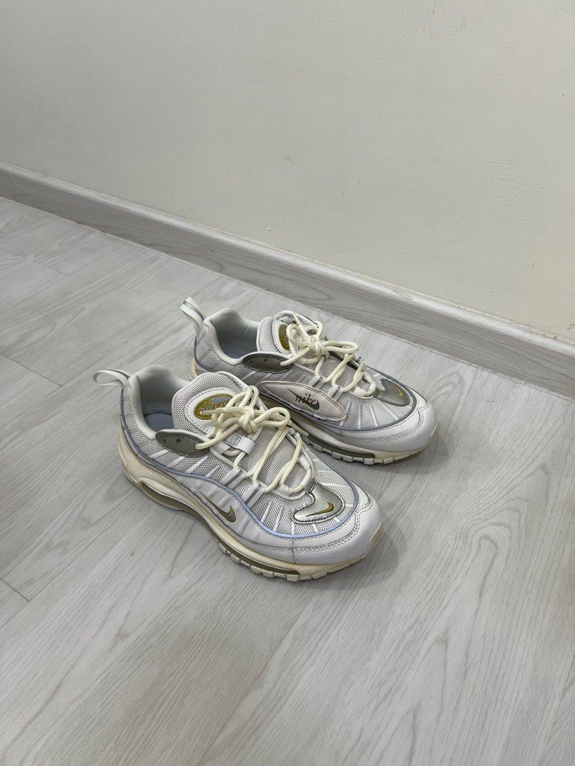 Nike Air Max 98 (Category: Sneakers) located in Singapore. Submitted by friedomelette (Listing ID 1306340407, Image 2). Description: Worn twice Some yellowing on soles due to storage but otherwise in perfect condition Sad to part with it but it’s too small for me Unsure of exact colourway but might be “Blue Chill” Colour is not blue though, but a very nice combination of silver, gold and white/cream Reflective piping around shoe Size: US 6 / UK 3
