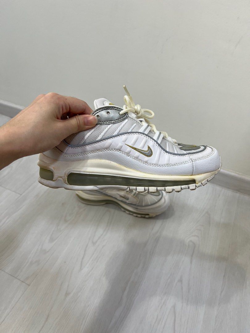 Nike Air Max 98 (Category: Sneakers) located in Singapore. Submitted by friedomelette (Listing ID 1306340407, Image 4). Description: Worn twice Some yellowing on soles due to storage but otherwise in perfect condition Sad to part with it but it’s too small for me Unsure of exact colourway but might be “Blue Chill” Colour is not blue though, but a very nice combination of silver, gold and white/cream Reflective piping around shoe Size: US 6 / UK 3