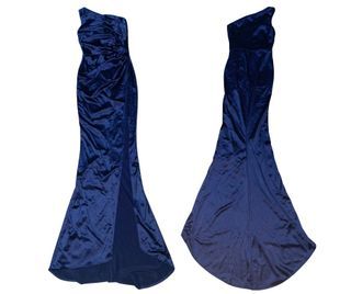 One Shoulder Sleeveless Pleated High Slit Navy Blue Dress