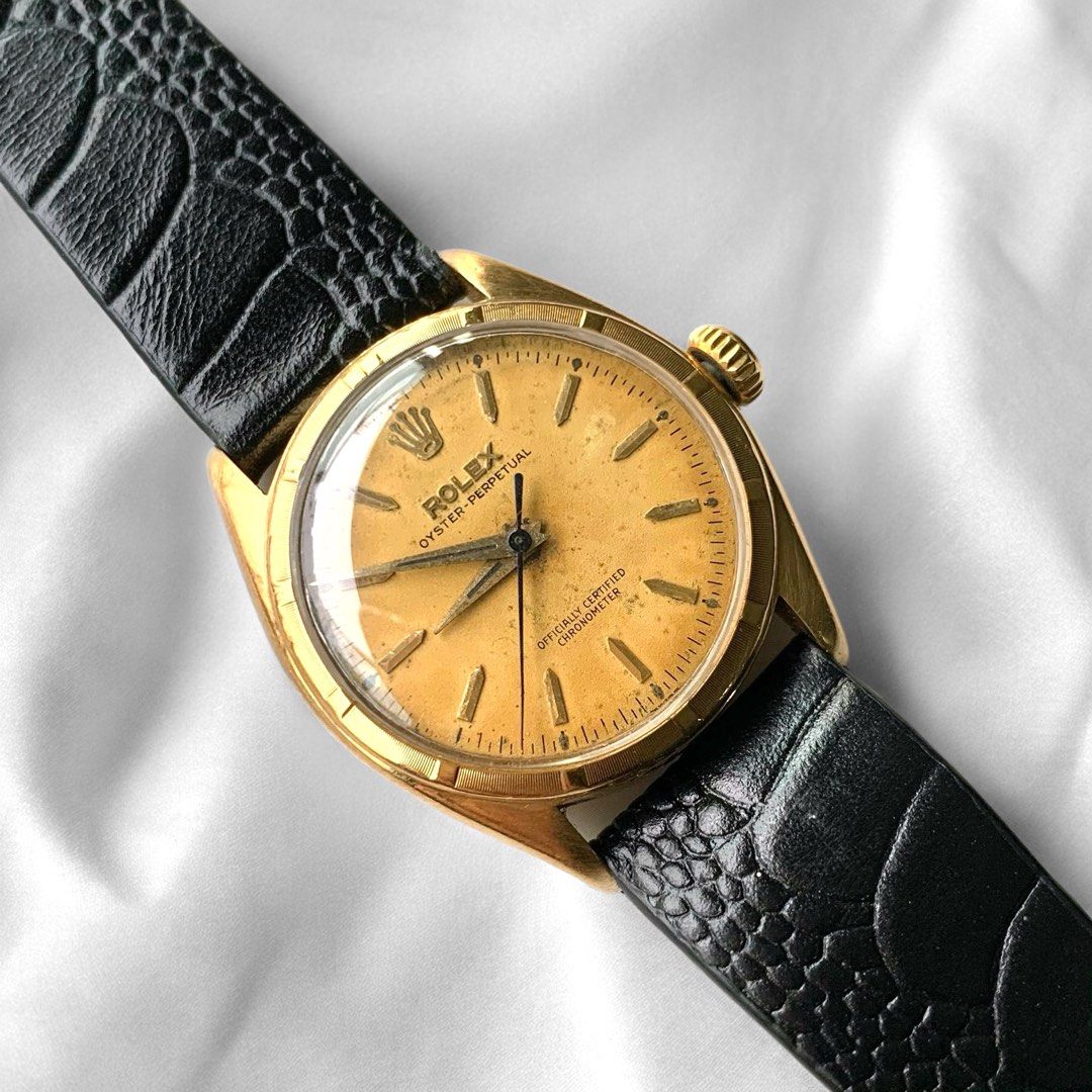 Rolex Oyster Perpetual 6085 mechanical 14K yellow gold bubble back 19mm leather strap watch case vintage collectable