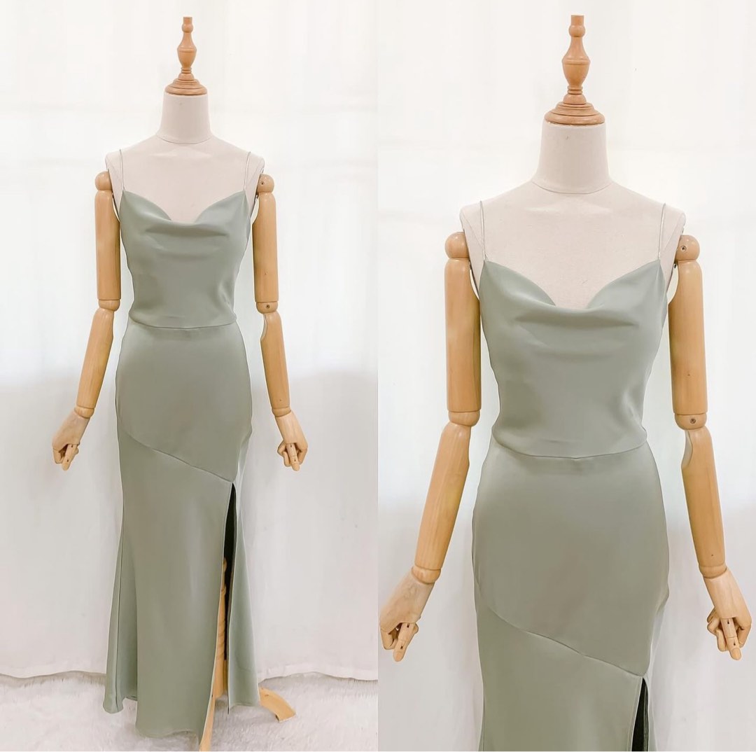 Sage Green Satin Cape Shoulder Mini Dress main image 1