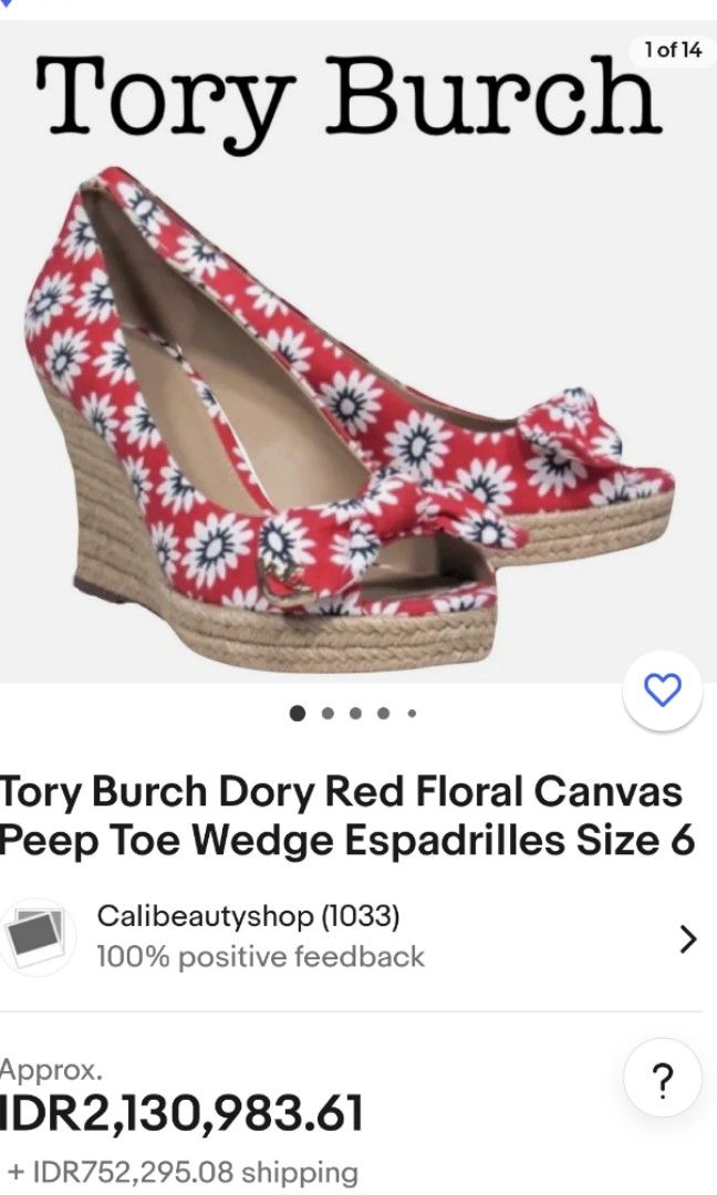 Tory Burch wedges dory red flower size 41 Fesyen Wanita Sepatu di Carousell