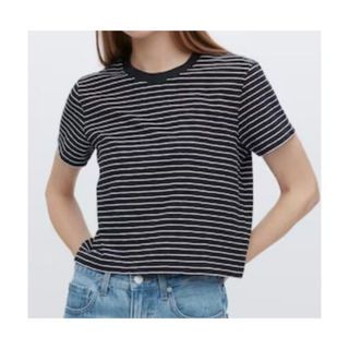 Uniqlo women navy blue striped slub jersey cotton cropped T shirt