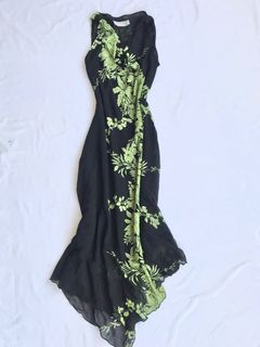 Vintage Floral Chiffon Cowl Neck Asymmetrical Hem Midi Maxi Dress