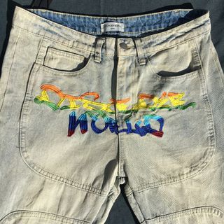 W: 34 L:42.5" Disorder world embroidery acid wash Harajuku Japanese denim jeans