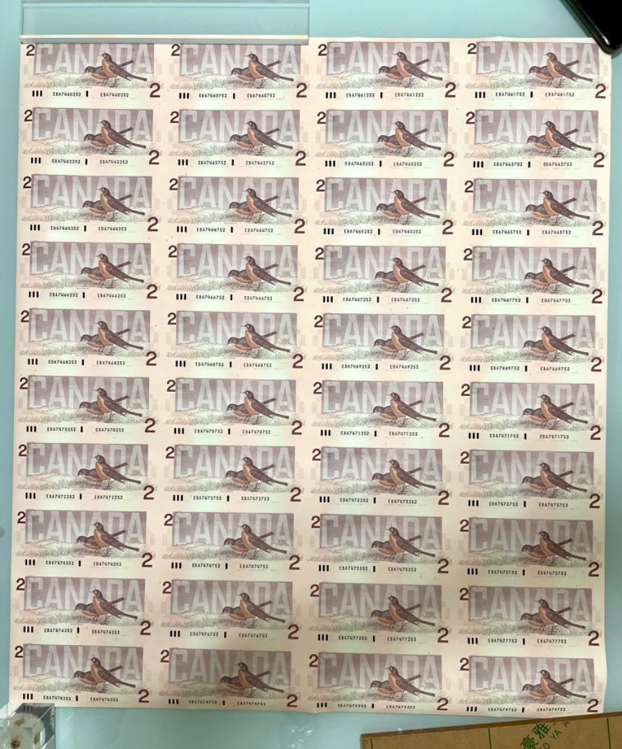 絕版1986年加幣$2全張1986 Bank of Canada $2 Uncut complete sheet (Discontinued),  興趣及遊戲, 收藏品及紀念品, 錢幣- Carousell