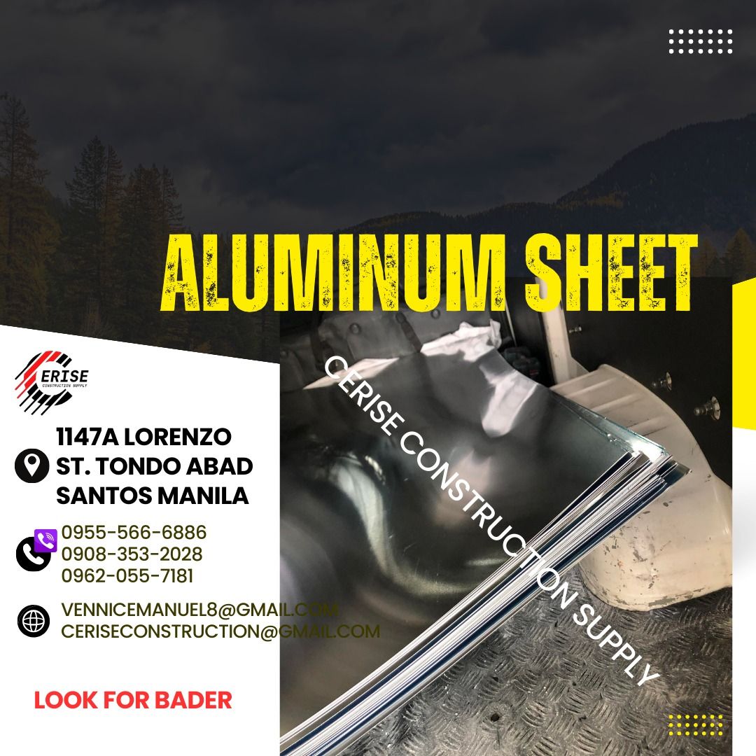 ALUMINUM SHEET FOR SALE (Category: Construction & Building Materials) located in Manila. Submitted by vlmhardwarevennice (Listing ID 1308020913, Image 1). Description: CERISE CONSTRUCTION SUPPLY Look for MS.VEE for inquiries, Office located at 1147ALORENZO ST ABAD SANTOS TONDO MNL satellite office at imus cavite.