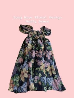Blue Floral Print Puffy Long Dress