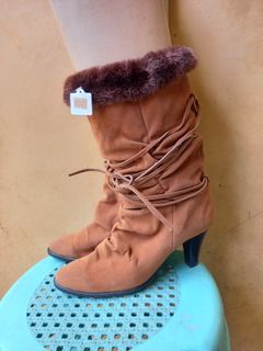 Brown leather Boots with Fur cowgirl boots winter boots