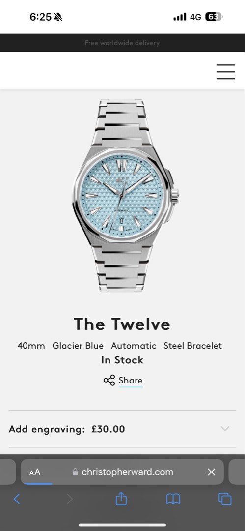 Christopher Ward The Twelve Glacier Blue, Luxury, Watches on Carousell