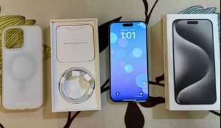 FOR SALE OR SWAP  SLIGHTLY USED iPhone 15 PRO MAX WHITE TITANIUM 256 GIG  FACTORY UNLOCK, NTC APPROVED 100 % BH, May 1, 2025.. 5 Cycle Counts only.. Can pass