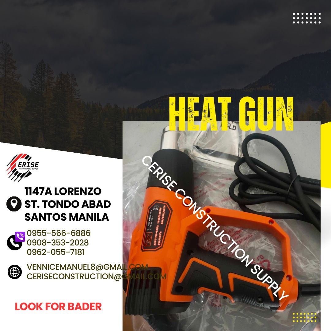 HEAT GUN FOR SALE (Category: Construction Tools & Equipment) located in Manila. Submitted by vlmhardwarevennice (Listing ID 1308011437, Image 1). Description: CERISE CONSTRUCTION SUPPLY Look for MS.VEE for inquiries, Office located at 1147ALORENZO ST ABAD SANTOS TONDO MNL satellite office at imus cavite.