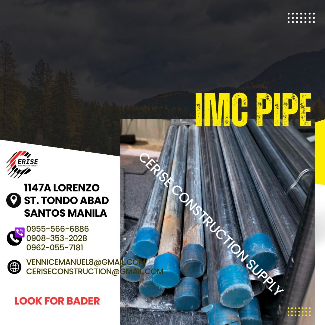 IMC PIPE FOR SALE (Category: Construction & Building Materials) located in Manila. Submitted by vlmhardwarevennice (Listing ID 1308022193, Image 1). Description: CERISE CONSTRUCTION SUPPLY Look for MS.VEE for inquiries, Office located at 1147ALORENZO ST ABAD SANTOS TONDO MNL satellite office at imus cavite.