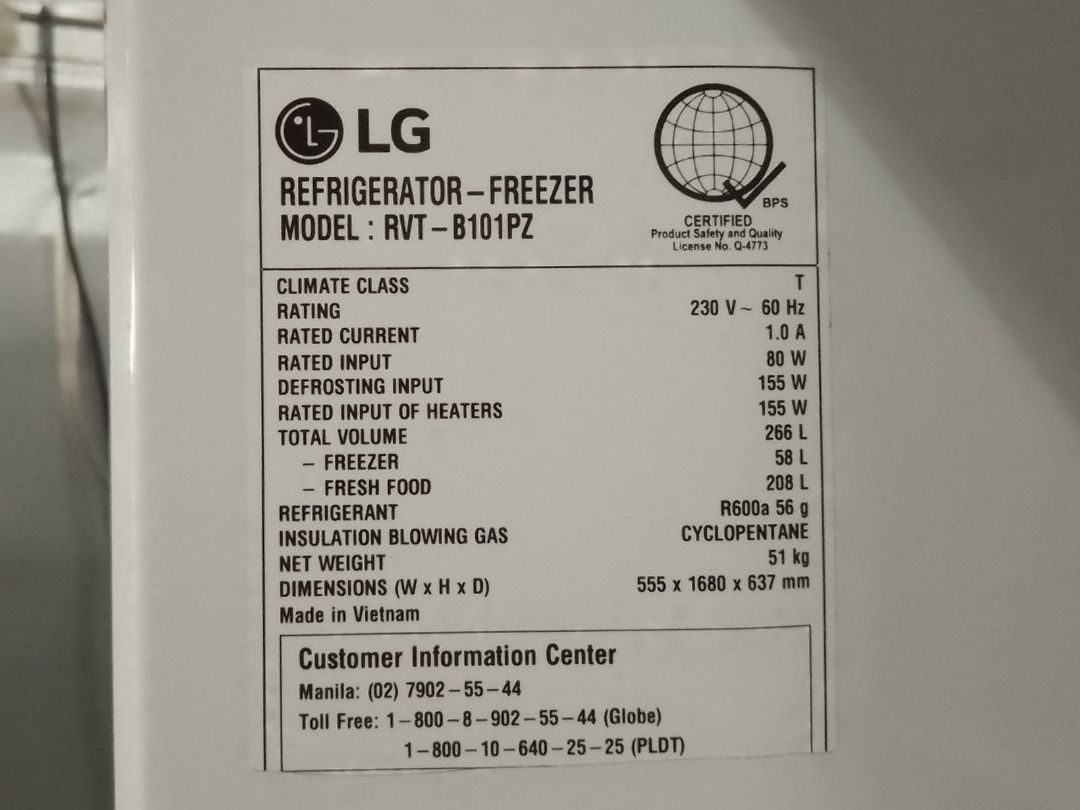 LG Refrigerator 2 Door Inverter 10.1Cu.Ft (RVT-B101PZ), TV & Home ...