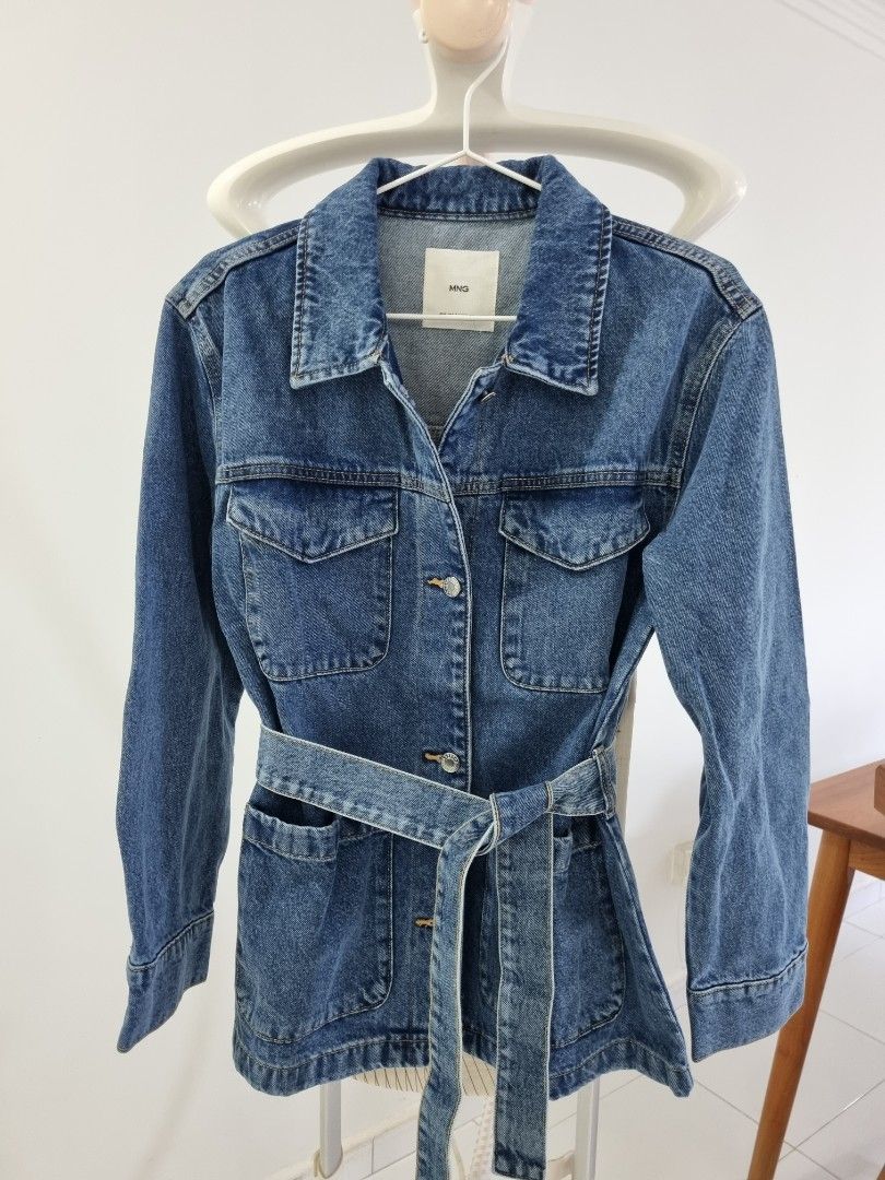 Mango Belted Denim Jacket Mango Denim Jacket, Women's Fashion