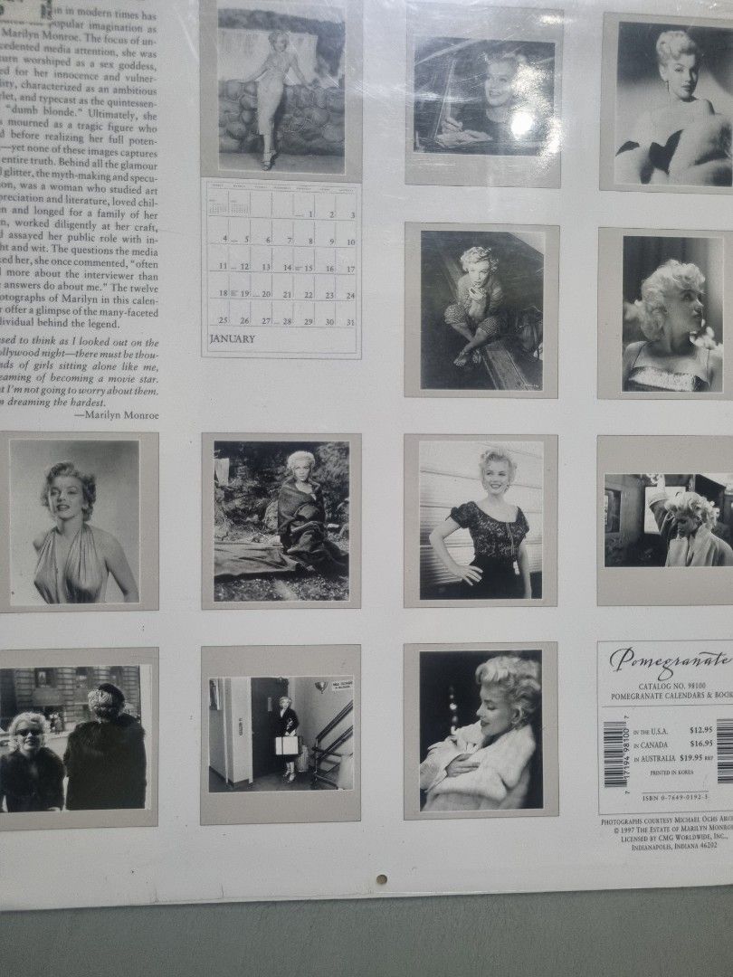 Marilyn Monroe 1998 calendar (Category: Magazines) located in Silang. Submitted by samflores2k4t7 (Listing ID 1308104749, Image 2). Description: For sale Vintage Marilyn Monroe 1998 calendar 1997 The Estate of Marilyn Monroe Sealed new old stock Size 12¼ x 13½ iches.