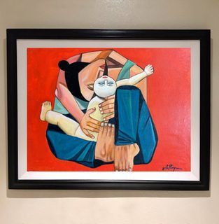 MOTHERS LOVE 29 x 23 inches OIL ON CANVAS Painting with Wood Frame, Ready to Hang