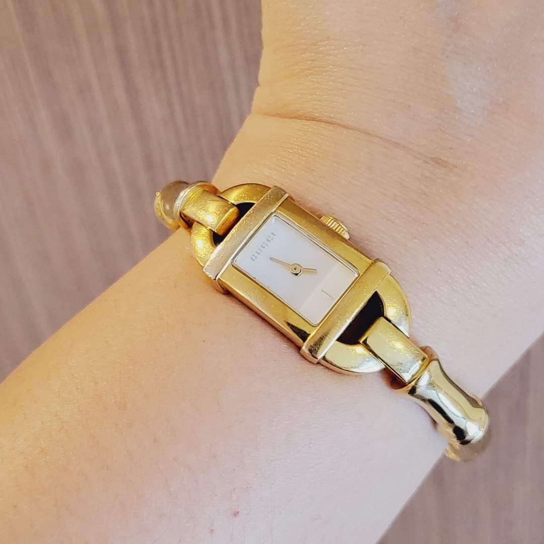 Preowned Gucci Bamboo Mother of Pearl Dial bangle watch