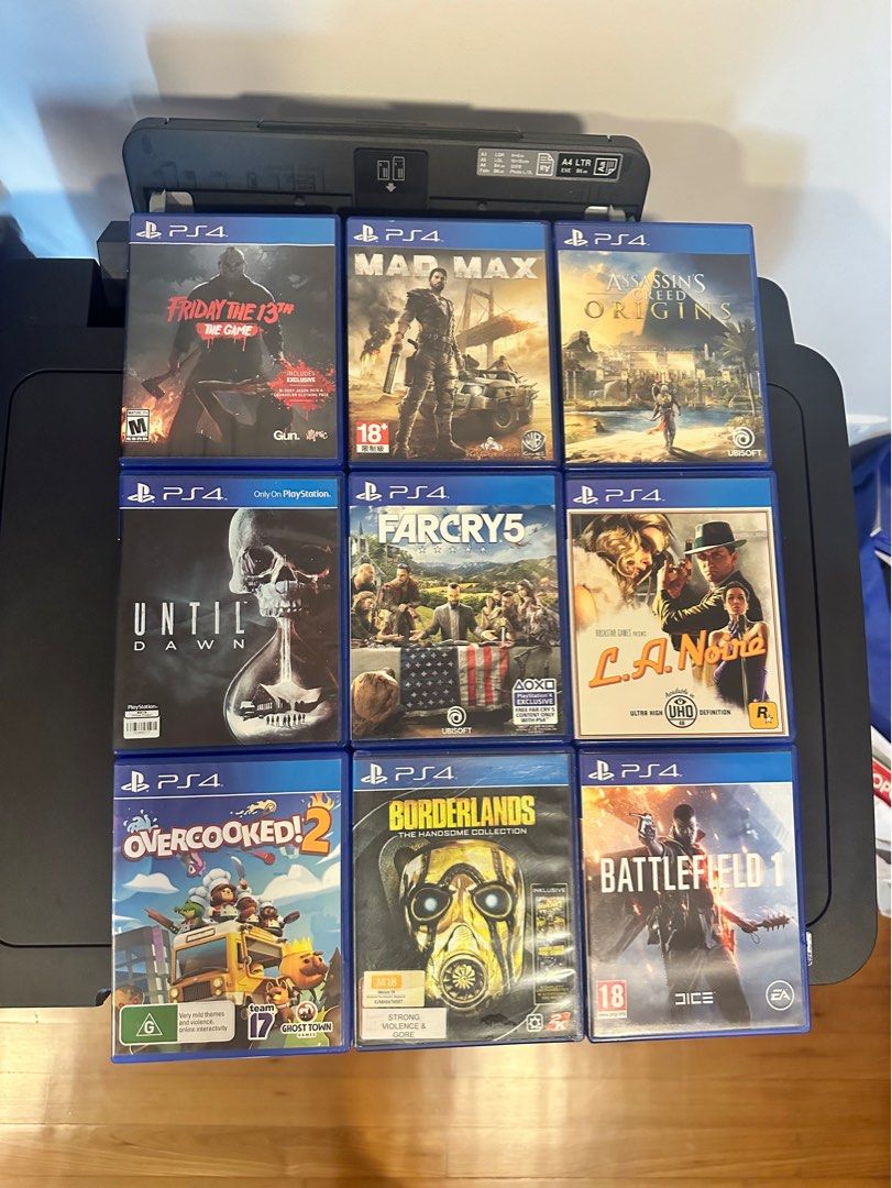 PS4 game Friday the 13th / Mad Max / Assassin’s Creed origins / Until Dawn  / FarCry 5 / L.A.Noire / Overcooked 2 / Borderlands / Battlefield 1