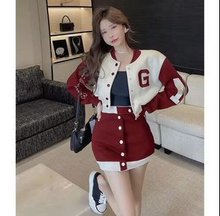 [READY Stock] Short Baseball Uniform Jacket Women Casual Suit Sports Slimmer Look New Style Skirt Two-Piece Suit Popular