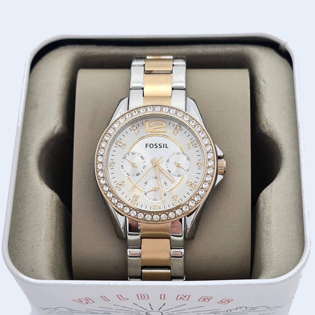 RESTOCK ORIGINAL FOSSIL RILEY CHRONOGRAPH SILVER DIAL GOLD SILVER STEEL LADIES WATCH ES3204