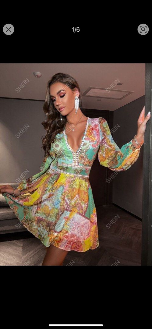 SHEIN Clasi Floral & Paisley Print Guipure Lace Insert Plunging Neck Dress,  Women's Fashion, Dresses & Sets, Dresses on Carousell