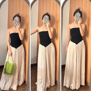Shein Gold/Beige Beige Gold Black Pleated Strapless Sleeveless Dress Tube Long Dress for Casual Formal Modern aesthetic summer tube gala prom wedding debut date evening wear gown