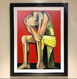 THINKING MAN 29 x 23 inches OIL ON CANVAS Painting with Wood Frame, Ready to Hang
