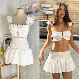 White Ruched Bandeau Top and Mini Skirt Coords