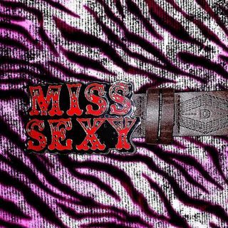 Y2K "Miss Sexy" belt buckle red text with brown leather strap belt