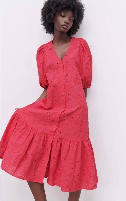 zara red eyelet dress Zara red embroidered openwork eyelet dress ruffled