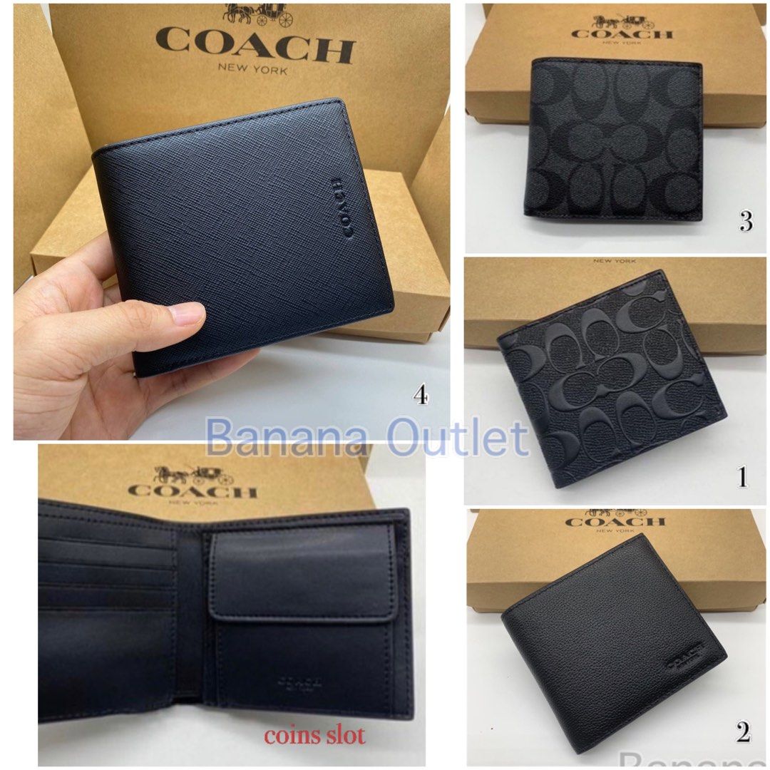 Coach Men Classic Plain Black Simple Short Bifold Design Folding Bi Fold Leather