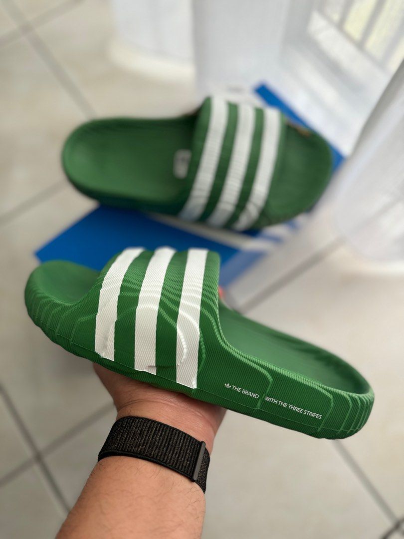 Green and white adidas slides shop