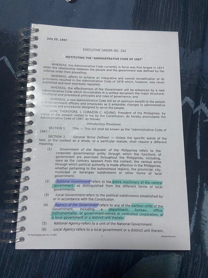 Administrative Code - Codal notebook (Category: Textbooks) located in Pasig City. Submitted by samsvirtualgarage (Listing ID 1308287453, Image 1). Description: I only highlighted the first page. No other writings inside. Notebook form so that it’s easier to annotate Tags: Admin law, administrative code of the philippines, law school, political law, codal, codal notebook.