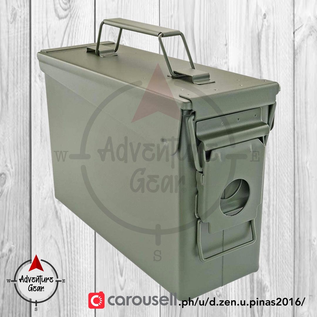 Ammo Can / Box .30 Caliber / Toolbox (M19A1) (Category: Hiking & Camping) located in San Mateo. Submitted by adventure.gear.ph (Listing ID 1109574966, Image 2). Description: ★★★★ 🪖 The 30 Cal is also known as 7.62MM and M19A1 🪖 ★★★ 🔴🔴🔴 FREE Vinyl Punisher Sticker 🔴🔴🔴 »Features: ★Sturdy Steel Construction is built to last ★Rubber O-ring protects contents from dust and moisture ★Swing-up carry handle for easy transport ★Front metal latch wi