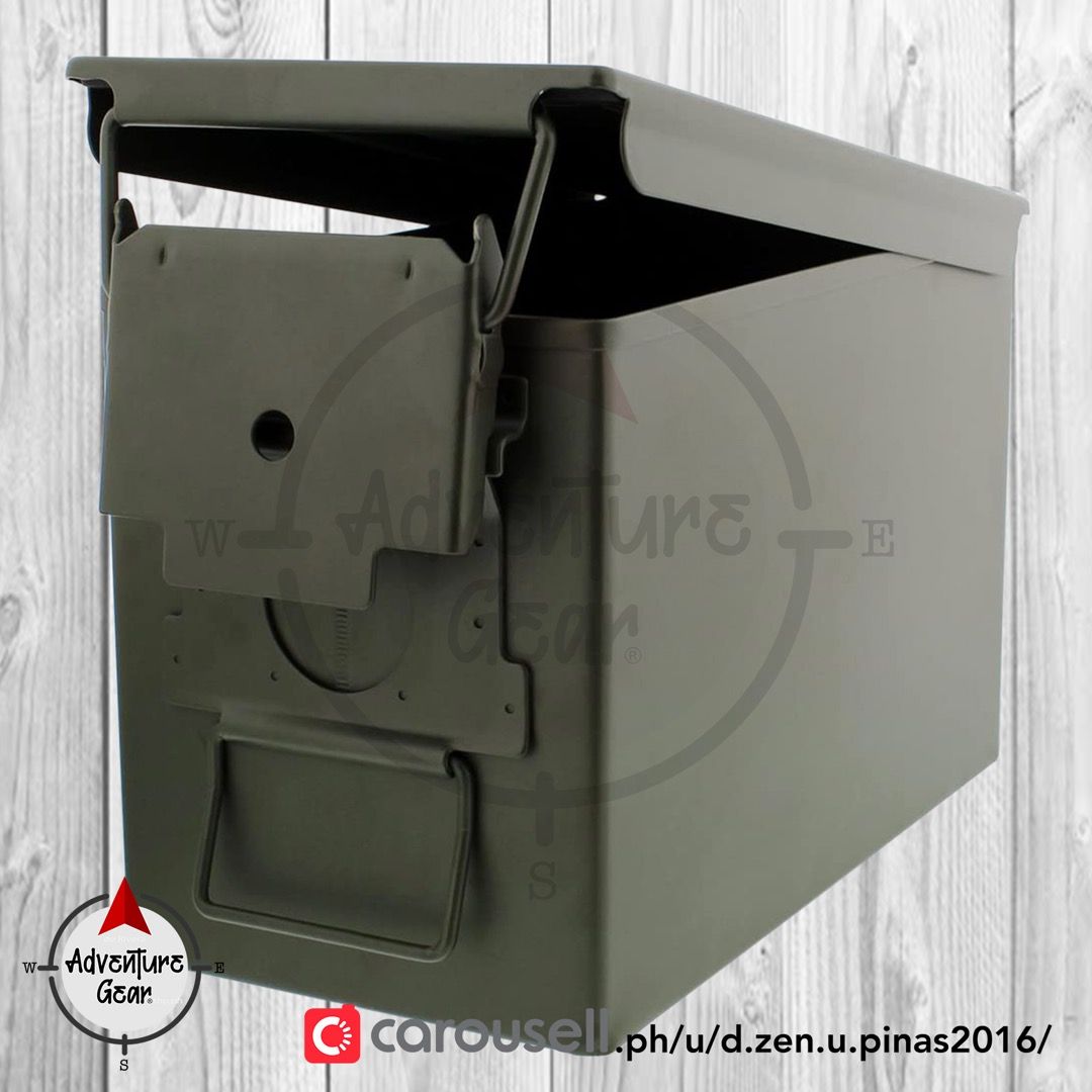 Ammo Can / Box .50 Caliber / Toolbox (M2A1) (Category: Other Sports Equipment and Supplies) located in San Mateo. Submitted by adventure.gear.ph (Listing ID 1109234570, Image 3). Description: ★★★ 🪖Ammo Can / Box .50 Caliber / Toolbox (M2A1) 🪖 ★★★ 🔴🔴🔴 FREE Vinyl Punisher Sticker 🔴🔴🔴 »Features: ★Sturdy Steel Construction is built to last ★Rubber O-ring protects contents from dust and moisture ★Swing-up carry handle for easy transport ★Front