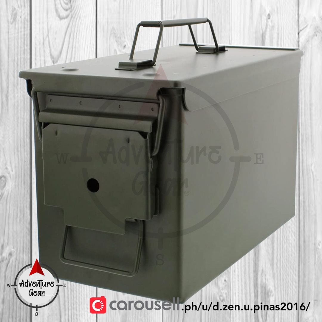 Ammo Can / Box .50 Caliber / Toolbox (M2A1) (Category: Other Sports Equipment and Supplies) located in San Mateo. Submitted by adventure.gear.ph (Listing ID 1109234570, Image 2). Description: ★★★ 🪖Ammo Can / Box .50 Caliber / Toolbox (M2A1) 🪖 ★★★ 🔴🔴🔴 FREE Vinyl Punisher Sticker 🔴🔴🔴 »Features: ★Sturdy Steel Construction is built to last ★Rubber O-ring protects contents from dust and moisture ★Swing-up carry handle for easy transport ★Front