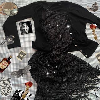 🎬🌙🎩black gatsby 1920's costume like bling glitters tassel party dress bestida and beaded cardigan set