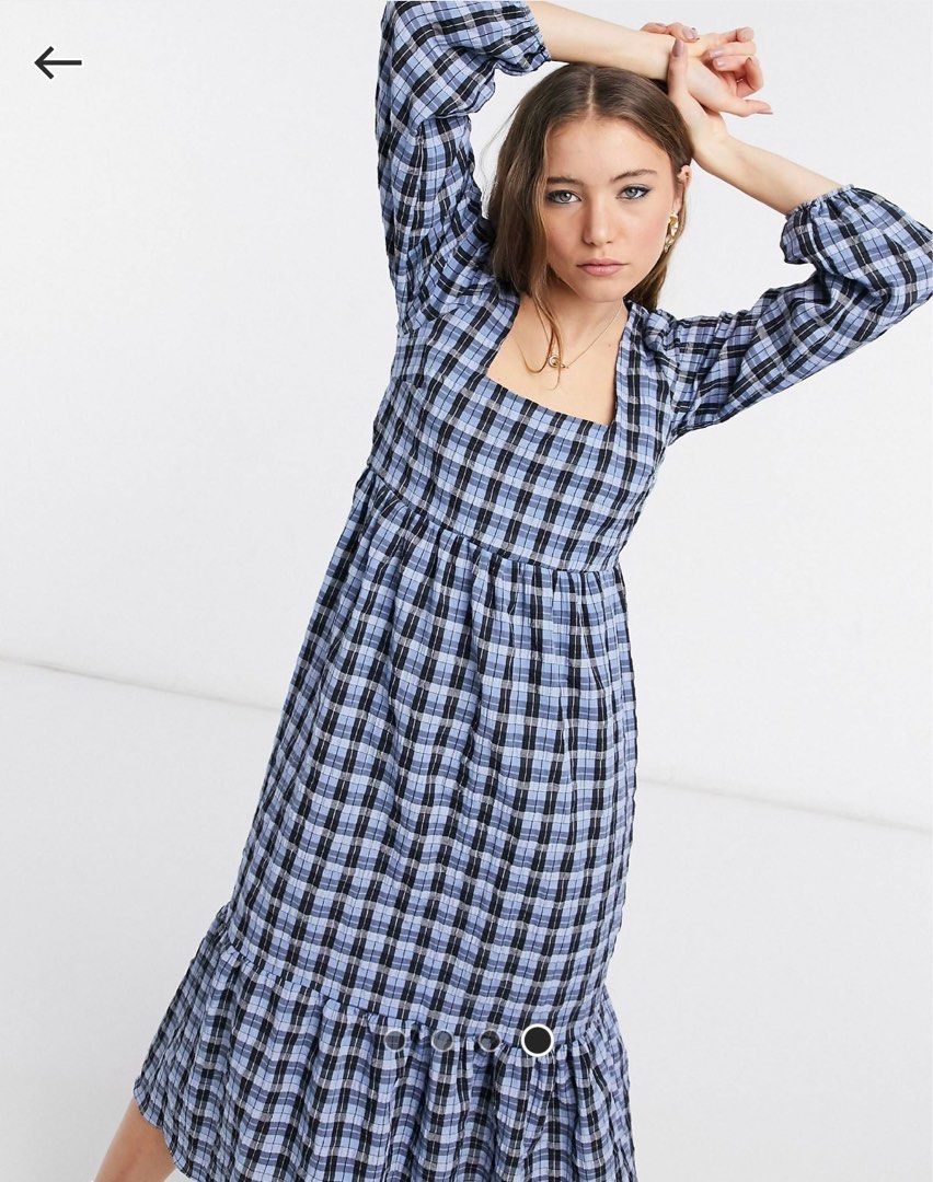 BNWT New Look Square Neck Smock Midi Dress in Blue Check