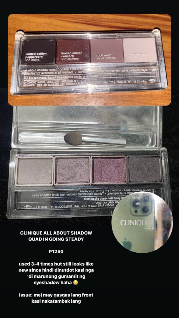 clinique all about eye shadow quad in going steady (Category: Makeup) located in Malabon City. Submitted by minuteburger (Listing ID 1308303156, Image 1). Description: .