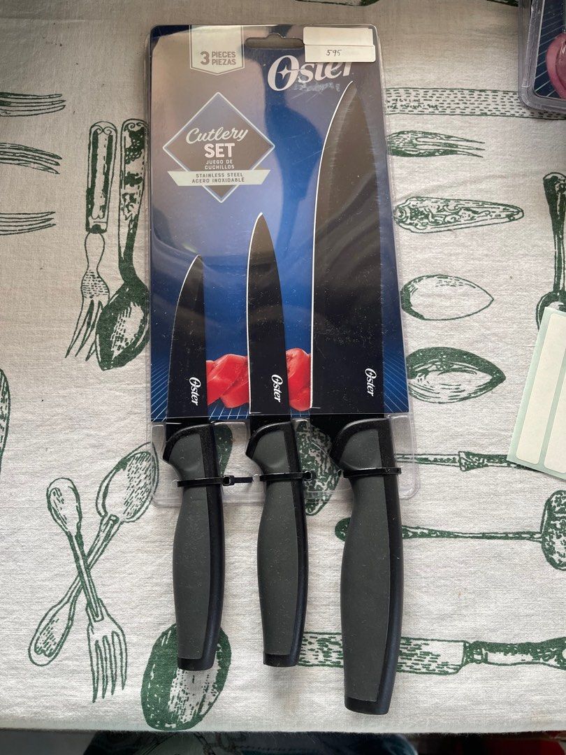 Cutlery Set (Category: Knives & Chopping Boards) located in Mandaluyong City. Submitted by daisys.collection (Listing ID 1308187933, Image 1). Description: Cutlery set- stainless steel 3 pcs - 1) paring knife 3.5 in (8.9 cm) 2) utility knife - 5 in (12. 7 cm) 3) chef knife 8 in (20.3 cm) Durable stainless steel blades, ergonomucally designed handles, durable.