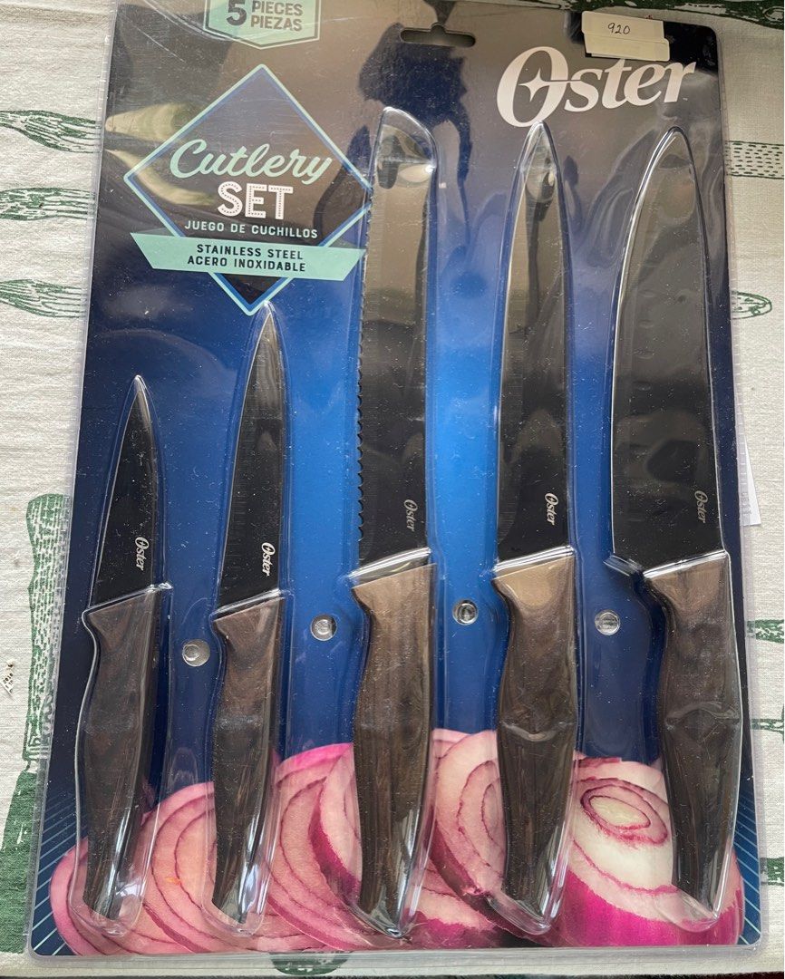 Cutlery Set (Category: Knives & Chopping Boards) located in Mandaluyong City. Submitted by daisys.collection (Listing ID 1308194251, Image 2). Description: Oster Cutlery Set - stainless steel set contains 5 knives 1) paring knife 3.5 in (8.9 cm) 2) utility knife 5 in (12.7 cm) 3) bread knife 8 in (20.3 cm) 4) slicer knife 8 in (20.3 cm) 5) chef knife 8 in (20.3 cm).