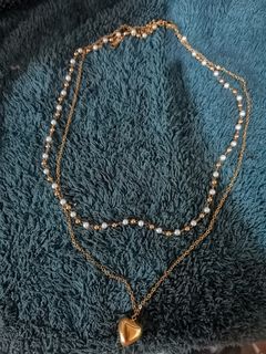 Double layered Heart Pendant and Pearl Necklace