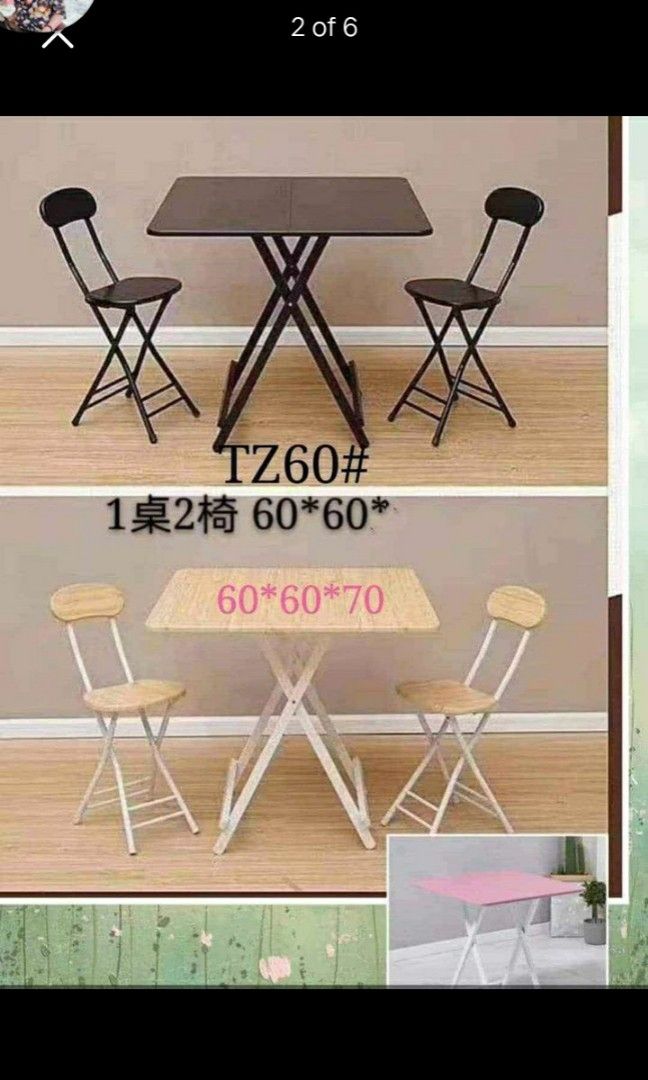 Foldable table en 2 chairs (Category: Tables & Sets) located in Manila. Submitted by saguittarian06 (Listing ID 1308264618, Image 1). Description: FOLDABLE TABLE AND 2 CHAIRS Can be used as breakfast, coffe table or garden table. Available Color: Mahogany, Black & Pink. Table Dimension: 58cm Width x 58cm Length x 70cm Height Inclusion: 1 Table 2 Chairs We do COD / PICK-UP at same day transaction. Open for resellers and bulk orders. Call [hidden i