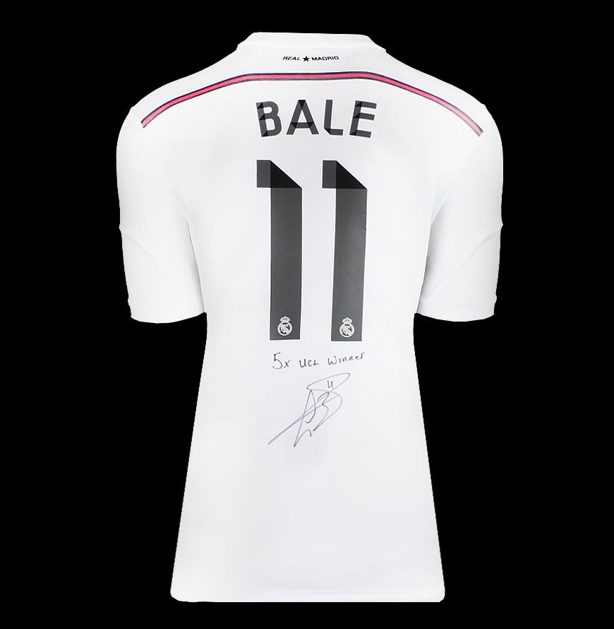 Gareth Bale Back Signed Real Madrid 2014-15 Home Shirt - "5x UCL Winner" Inscription In Hero Frame: Option 1 (Category: Other Merchandise) located in Singapore. Submitted by championasiasports (Listing ID 1308289137, Image 3). Description: This Real Madrid CF shirt was personally signed by Gareth Bale during a private signing session in Surrey on April 19th, 2024. The shirt comes with an official Icons.com Certificate of Authenticity, which serve