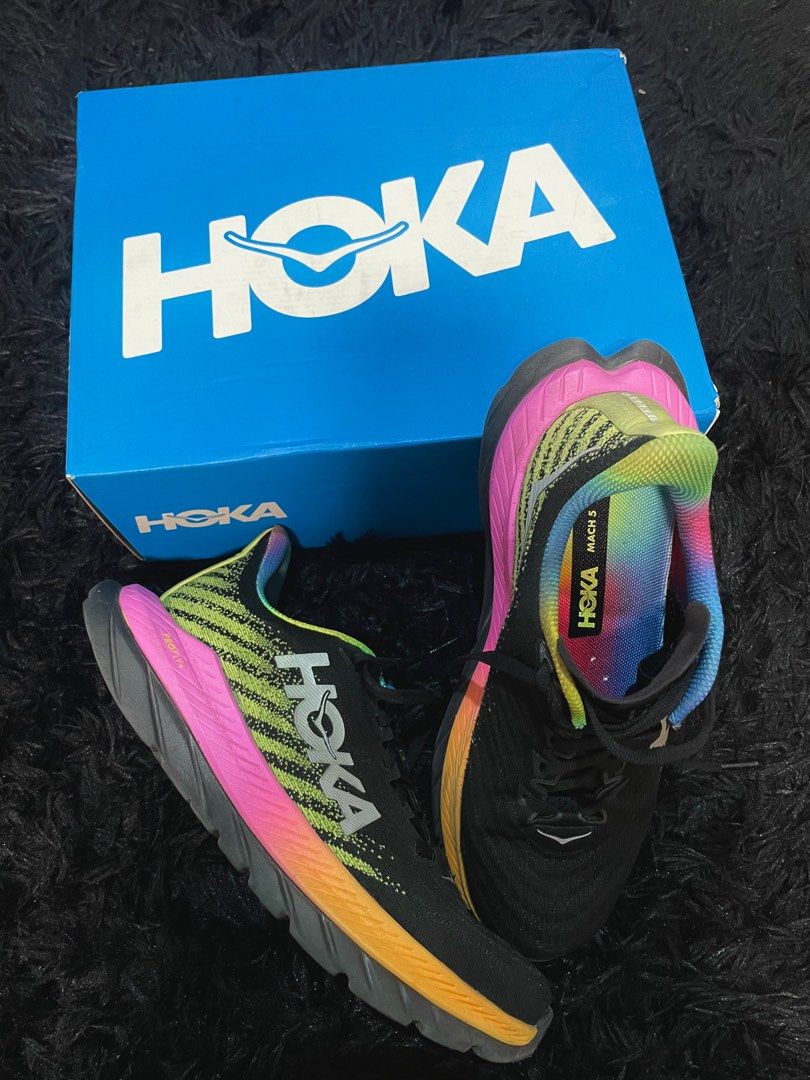 Rush sale! Hoka Mach 5 (Category: Sneakers) located in Pasig City. Submitted by paaatch (Listing ID 1308287382, Image 1). Description: Selling my own Hoka Mach 5 (Supershoe) Bought in Thailand Hoka Store Feb 2024 Bought at almost Php 10K Selling at 3000 Like new Kilometers used: 70km Size US 7 Women Flaw: small scratch pm to see photo Rfs: hndi na naggamit Inclusion: Box, extra hoka shoe lace, 1 pair of socks, insoles.