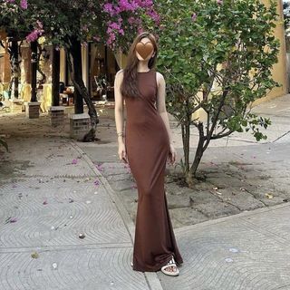 Most Elegant Skims Ins. Brown Halter Bodycon Long Maxi Dress / Beach Summer Dress